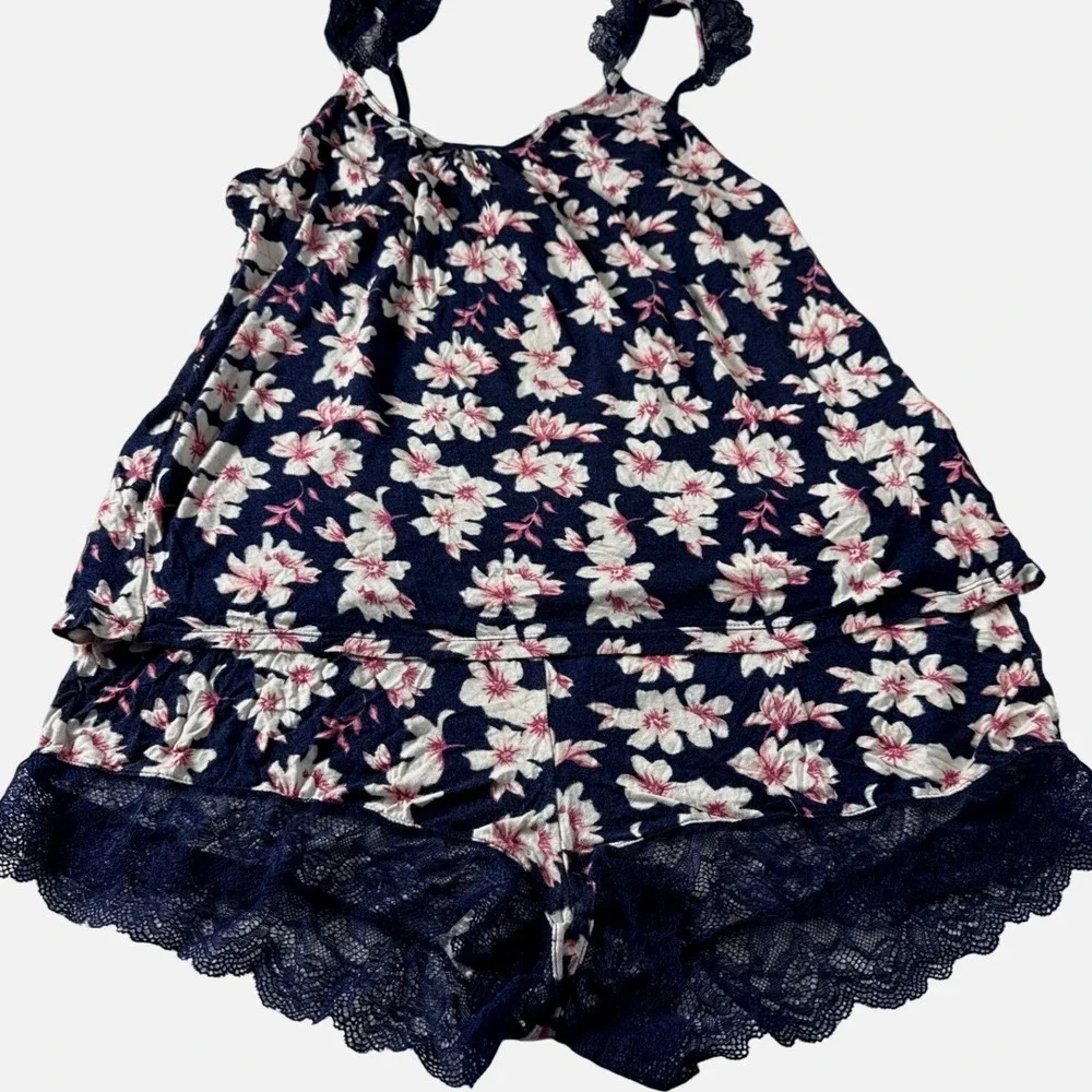 Jessica Simpson Womens Navy Blue Floral Lace Trim Pajama Set Camisole Shorts M